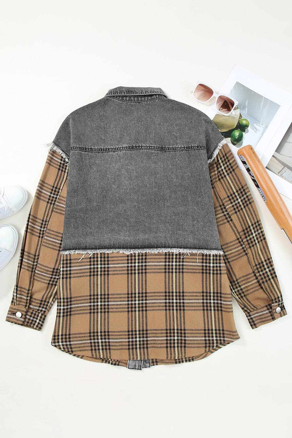 Plaid denim jacket with raw hem - Love Salve